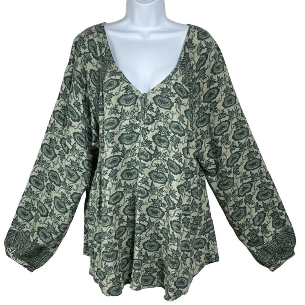 Knox Rose‎ Womens Green Floral Long Sleeve Flowy Peasant Top Size L V Neck